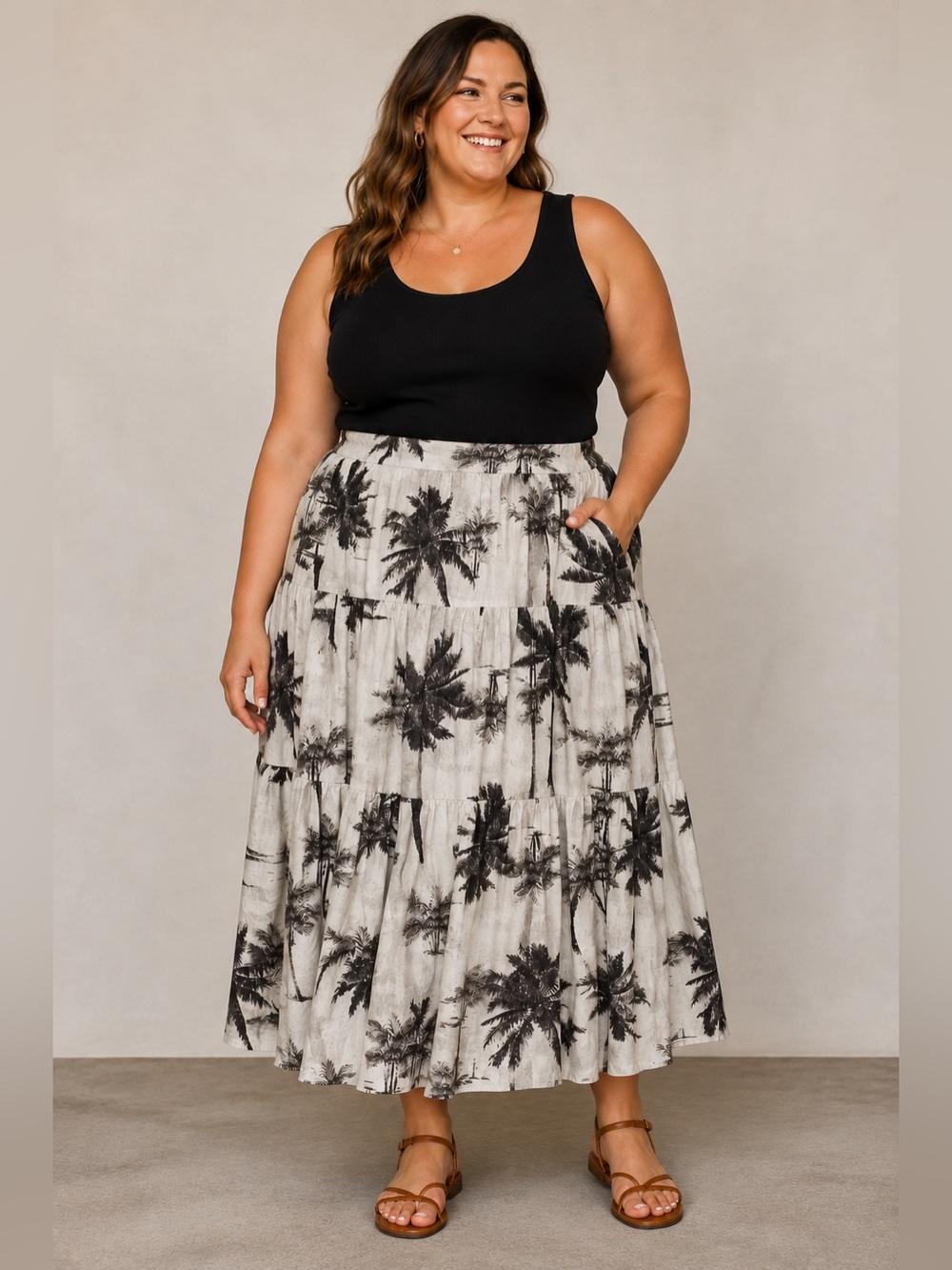 Cal Style Tropical Boho Linen Tiered Midi Skirt EUC Size XL